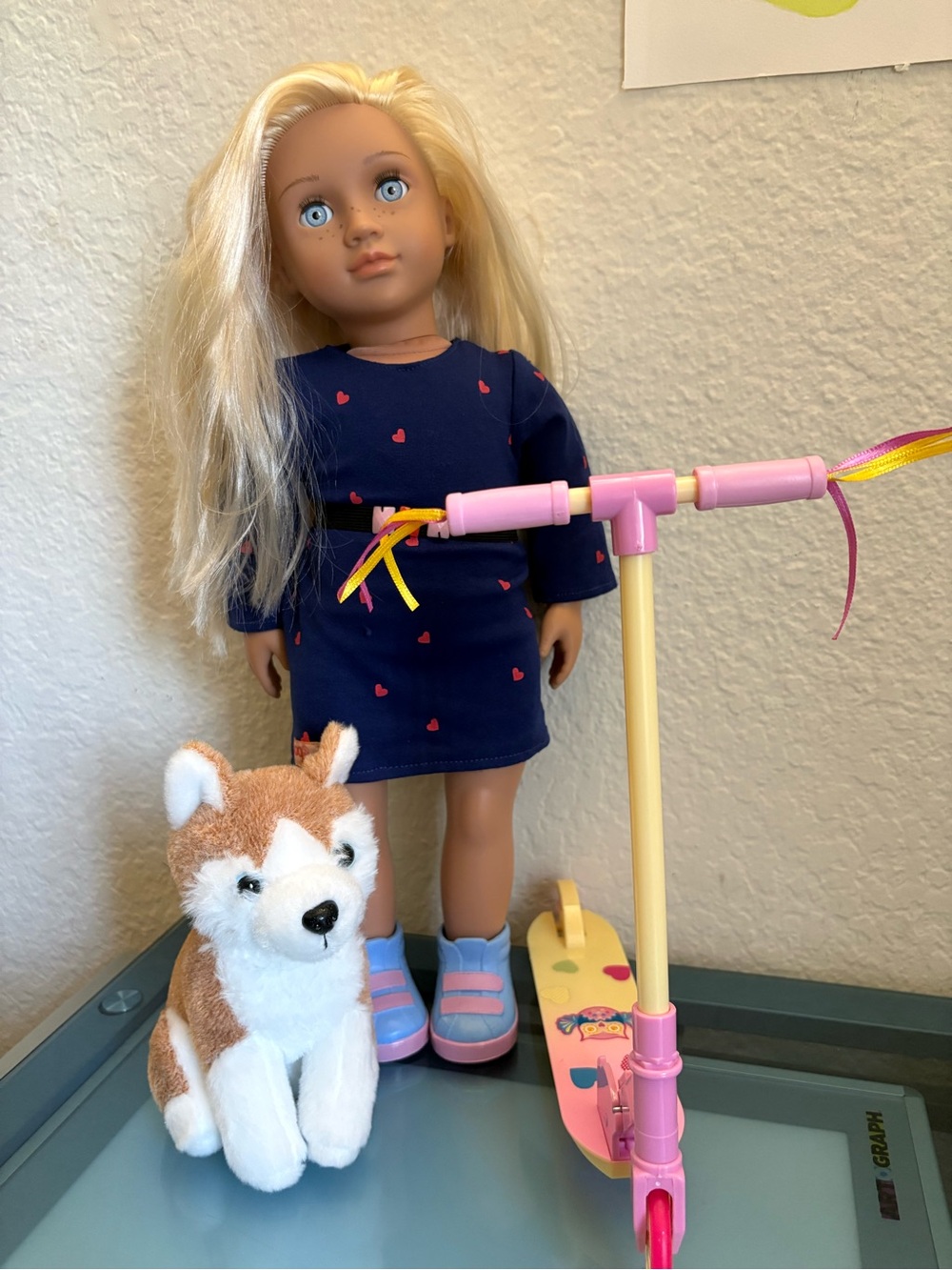 Our Generation Blonde Doll in Navy Heart Dress with Pink Scooter & Plush Puppy